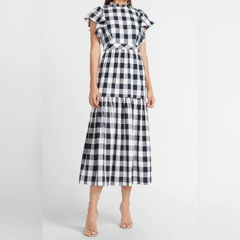 Express LadyGang Navy Blue White Gingham The Great Nightingale Maxi Dress 2